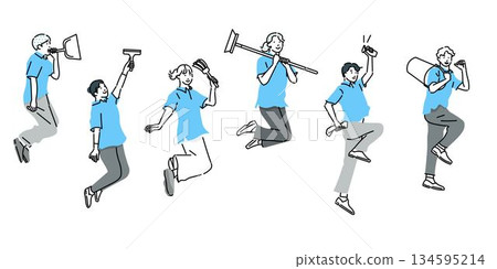 Cleaners jumping with brushes and cleaning tools - Teamwork - House cleaning - Vector people illustration Cleaners jumping with brushes and cleaning tools - Teamwork - House cleaning - Vector people illustration 134595214