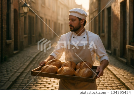 Baker walking down cobblestone street in old town at sunrise, carrying wooden tray of warm, crusty loaves of bread 134595434