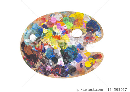 A classic oval artist's palette covered with colorful strokes of fresh paint. An isolated object on a white background symbolizing the creative process, inspiration, art, and professional painting. 134595937