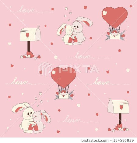 Vector holiday background with cute bunnies, heart-shaped balloons, and mailboxes. Delicate pink pattern for wrapping paper, textiles, and Valentine s Day greetings. 134595939