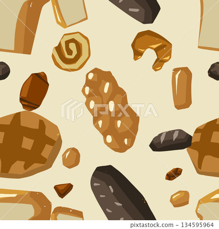 Seamless pattern of various bread types. Waffles, loaf, baguette, bun, pretzel, croissant and other baked goods Seamless pattern of various bread types. Waffles, loaf, baguette, bun, pretzel, croissant and other baked goods 134595964