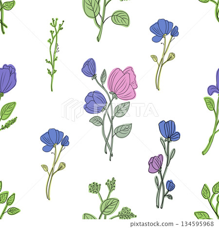 Seamless floral pattern showcasing beautiful pink purple and blue flowers. Vector illustration with wildflowers 134595968