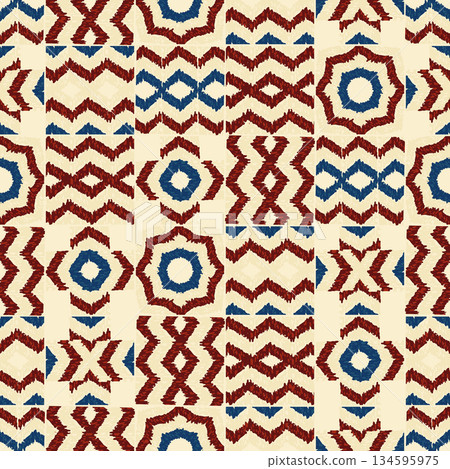 Vibrant geometric seamless pattern showcases dark blue and red shapes. Ethnic hand made background Vibrant geometric seamless pattern showcases dark blue and red shapes. Ethnic hand made background 134595975