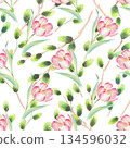 Seamless pattern of tulips and willows branches. Watercolor illustration. For fabric, wallpaper, packing paper, greeting cards, design, decoration and illustration. 134596032