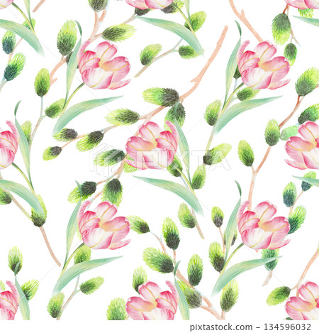 Seamless pattern of tulips and willows branches. Watercolor illustration. For fabric, wallpaper, packing paper, greeting cards, design, decoration and illustration. 134596032