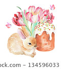 Composition of rabbit, easter cake, tulips and butterflies. Watercolor illustration. For fabric, wallpaper, packing paper, greeting cards, design, decoration and illustration. 134596033