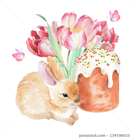 Composition of rabbit, easter cake, tulips and butterflies. Watercolor illustration. For fabric, wallpaper, packing paper, greeting cards, design, decoration and illustration. 134596033
