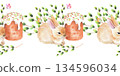 Seamless border of rabbit, easter cake, willows and butterflies. Watercolor illustration. For fabric, wallpaper, packing paper, greeting cards, design, decoration and illustration. 134596034