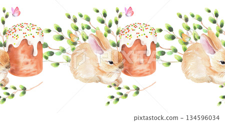 Seamless border of rabbit, easter cake, willows and butterflies. Watercolor illustration. For fabric, wallpaper, packing paper, greeting cards, design, decoration and illustration. 134596034