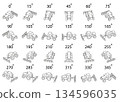 A line art set of 24 stylized tractors with a simple farming attachment, shown in isometric view and rotated from multiple angles. 134596035