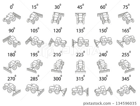 A line art set of 24 stylized tractors with a simple farming attachment, shown in isometric view and rotated from multiple angles. 134596035