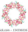 Wreath of pink tulips. Watercolor illustration. For fabric, wallpaper, packing paper, greeting cards, design, decoration and illustration. 134596036