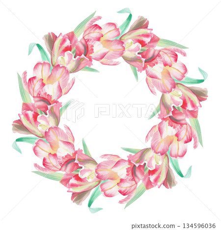 Wreath of pink tulips. Watercolor illustration. For fabric, wallpaper, packing paper, greeting cards, design, decoration and illustration. 134596036