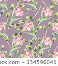 Seamless pattern of tulips and willows branches on a violet background. Watercolor illustration. For fabric, wallpaper, packing paper, greeting cards, design, decoration and illustration. 134596041