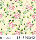 Seamless pattern of tulips and willows branches on a beige background. Watercolor illustration. For fabric, wallpaper, packing paper, greeting cards, design, decoration and illustration. 134596042