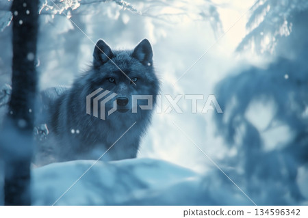 Gray wolf standing majestically in a snowy forest during winter, creating a serene and captivating scene of wildlife in its natural habitat 134596342