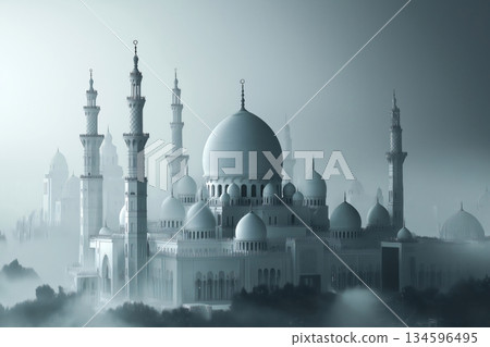 Sheikh grand mosque with its minarets and domes emerging from the morning fog in abu dhabi, uae 134596495