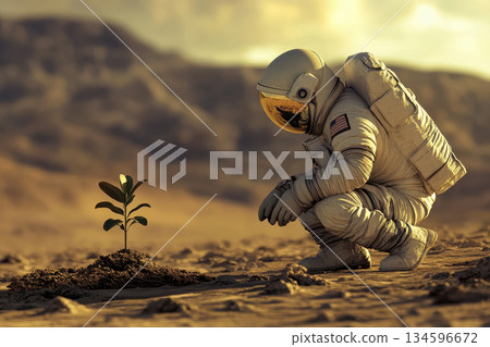 astronaut is kneeling down looking at a growing plant . 134596672