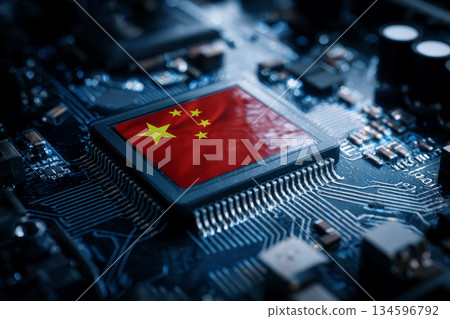 Chinese flag on microchip circuit board symbolizing technology and innovation. 134596792