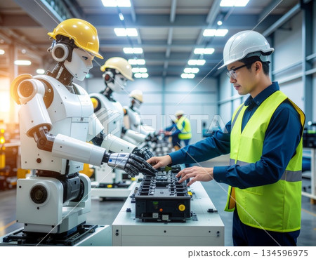 與人形機器人並肩工作的工人 134596975