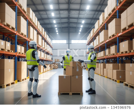 Workers working alongside humanoid robots Workers working alongside humanoid robots 134596976