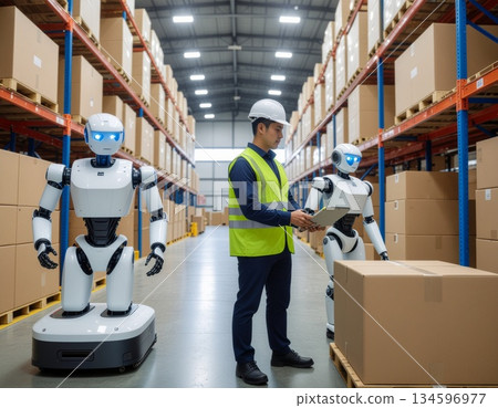 與人形機器人並肩工作的工人 134596977