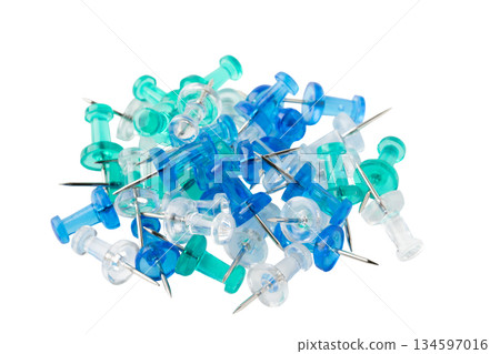Blue push pin (thumb tack) on transparent background (png) 134597016