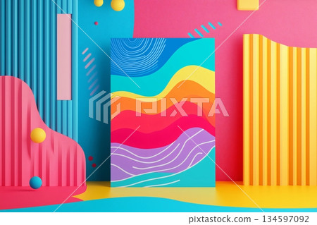 Vibrant and colorful abstract background showcasing a flyer mockup with a trendy, wavy design, perfect for presentations and marketing materials 134597092