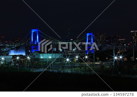 Rainbow Bridge seen from Ariake-Tennis-no-Mori Station on the Yurikamome Line in Tokyo 134597278