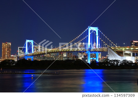 Illuminated Rainbow Bridge seen from Daiba Station on the Yurikamome Line in Tokyo 134597309