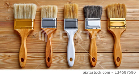 A tidy flat lay of clean paint brushes on a light wooden surface, ready for action 134597590