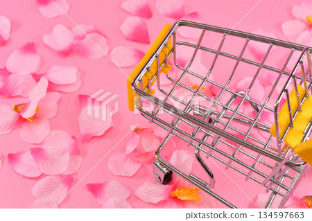 Image of shopping for a new life with a cart and cherry blossoms 134597663