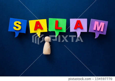 Wooden figure communicating salam in colorful speech bubbles 134597770