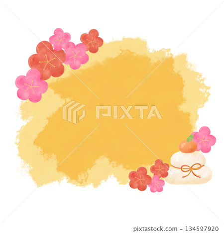 New Year watercolor speech bubble yellow frame decoration rice cake plum pine New Year design material 134597920