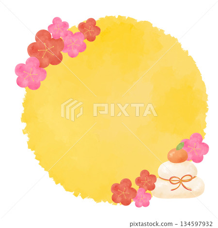 New Year watercolor speech bubble yellow frame decoration mochi plum New Year design material 134597932