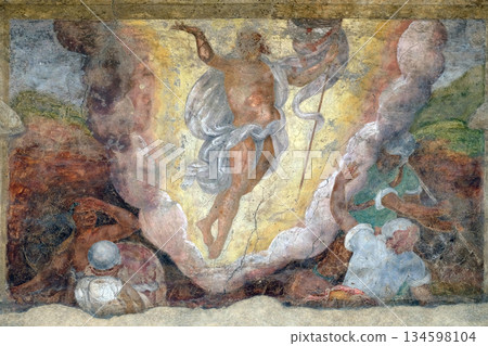 Resurrection of Christ, the facade of the Mazzanti House decorated with frescoes in Verona, Italy 134598104