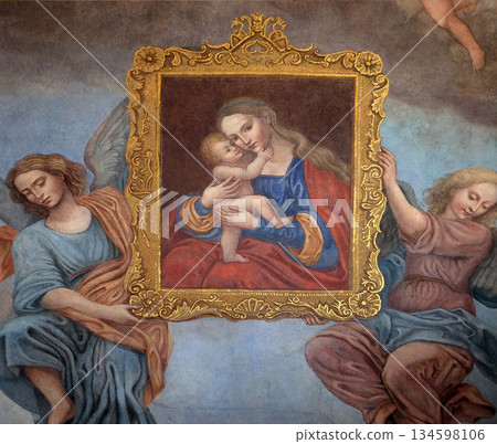 Virgin Mary with baby Jesus, fresco in the Franciscan Church of the Annunciation in Ljubljana, Slovenia 134598106