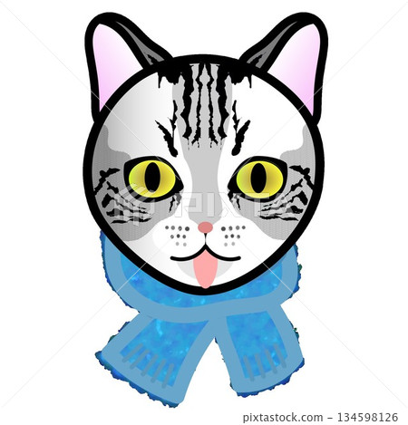 一隻貓戴著毛茸茸的圍巾的插圖 134598126