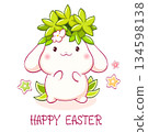 Square Easter card with little bunny. Inscription Happy Easter. Childish print with cute rabbit. Can be used for t-shirt print, label, tag, sticker, greeting card design. Vector illustration EPS8 134598138