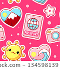 Vector Seamless pattern with cute vacation sticker. Endless texture can be used for textile pattern fills, t-shirt design, wrapping paper, web page background. Summer holiday, travel, adventure themed 134598139