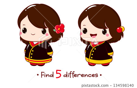 Find five Differences Activity For Preschool Children. Educational Game for Kids with kokeshi doll in oriental clothes. Find 5 differences education game for kids with cute little girl. Vector EPS8 Find five Differences Activity For Preschool Children. Educational Game for Kids with kokeshi doll in oriental clothes. Find 5 differences education game for kids with cute little girl. Vector EPS8 134598140