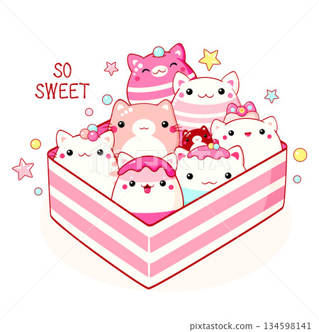 Bento box with cute cat-shaped food characters with smiling face and pink cheeks. Lunchbox set with healthy japanese traditional cuisine dishes. Takeaway homemade snacks. Vector illustration EPS8 134598141