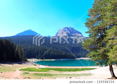 Beautiful scene of Black Lake, Zabljak province, Durmitor National Park, Montenegro. Picturesque view with tree, lake in mountains and Bobotov Kuk peak. Topic of summer vacation, travel, cruise, tour 134598154