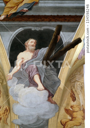 Saint Andrew the Apostle, fresco on the ceiling of the Cathedral of St Nicholas in Ljubljana, Slovenia Saint Andrew the Apostle, fresco on the ceiling of the Cathedral of St Nicholas in Ljubljana, Slovenia 134598246