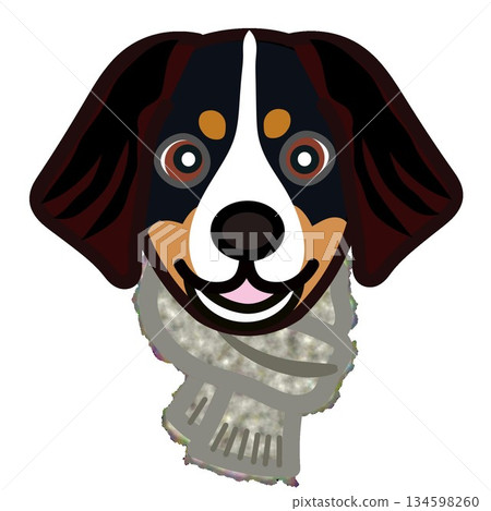 Illustration of a dog's face wearing a fluffy scarf 134598260