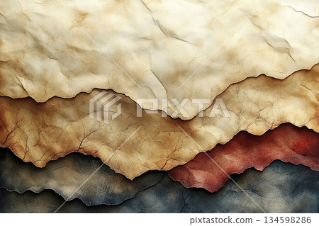 abstract composition of layered, textured surfaces of old or distressed paper and fabric, aged, earthy materials creating a sense of depth and rustic visual interest 134598286