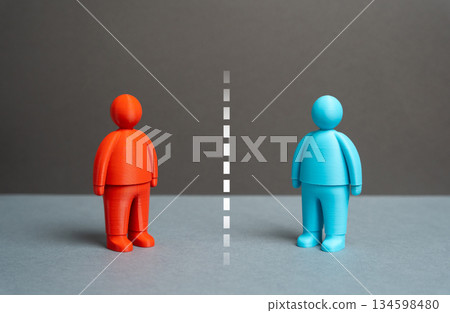 Two people separated by a white line. Misunderstandings and language barriers. Which side to take. Political views and affiliations. Social conflict, isolation, cross-cultural understanding 134598480