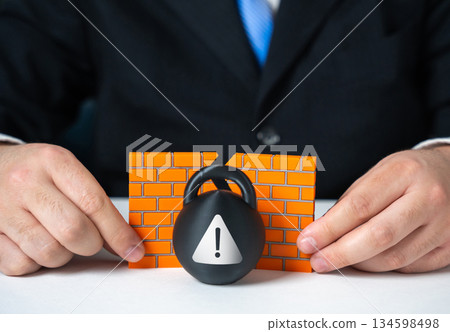 The kettlebell breaks down the wall. A factor that disrupts the system and the order of things. Protection and safety. Security barriers and risk management. 134598498