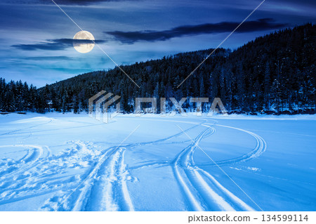 snow covered frozen lake in natural park at night. tranquil winter landscape surrounded with coniferous forest on shore in mountains in full moon light. backdrop for fiction art or mystery concepts snow covered frozen lake in natural park at night. tranquil winter landscape surrounded with coniferous forest on shore in mountains in full moon light. backdrop for fiction art or mystery concepts 134599114