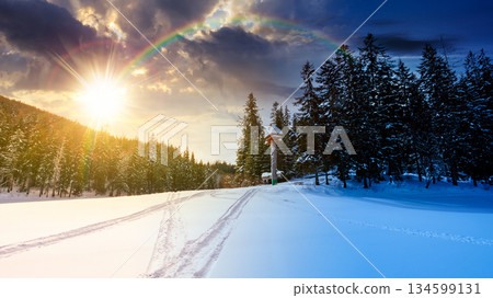 winter landscape with snow covered ground. day and night time change concept. frozen lake among spruce forest with sun and moon. panoramic view of winter wonderland. duality and transition template winter landscape with snow covered ground. day and night time change concept. frozen lake among spruce forest with sun and moon. panoramic view of winter wonderland. duality and transition template 134599131
